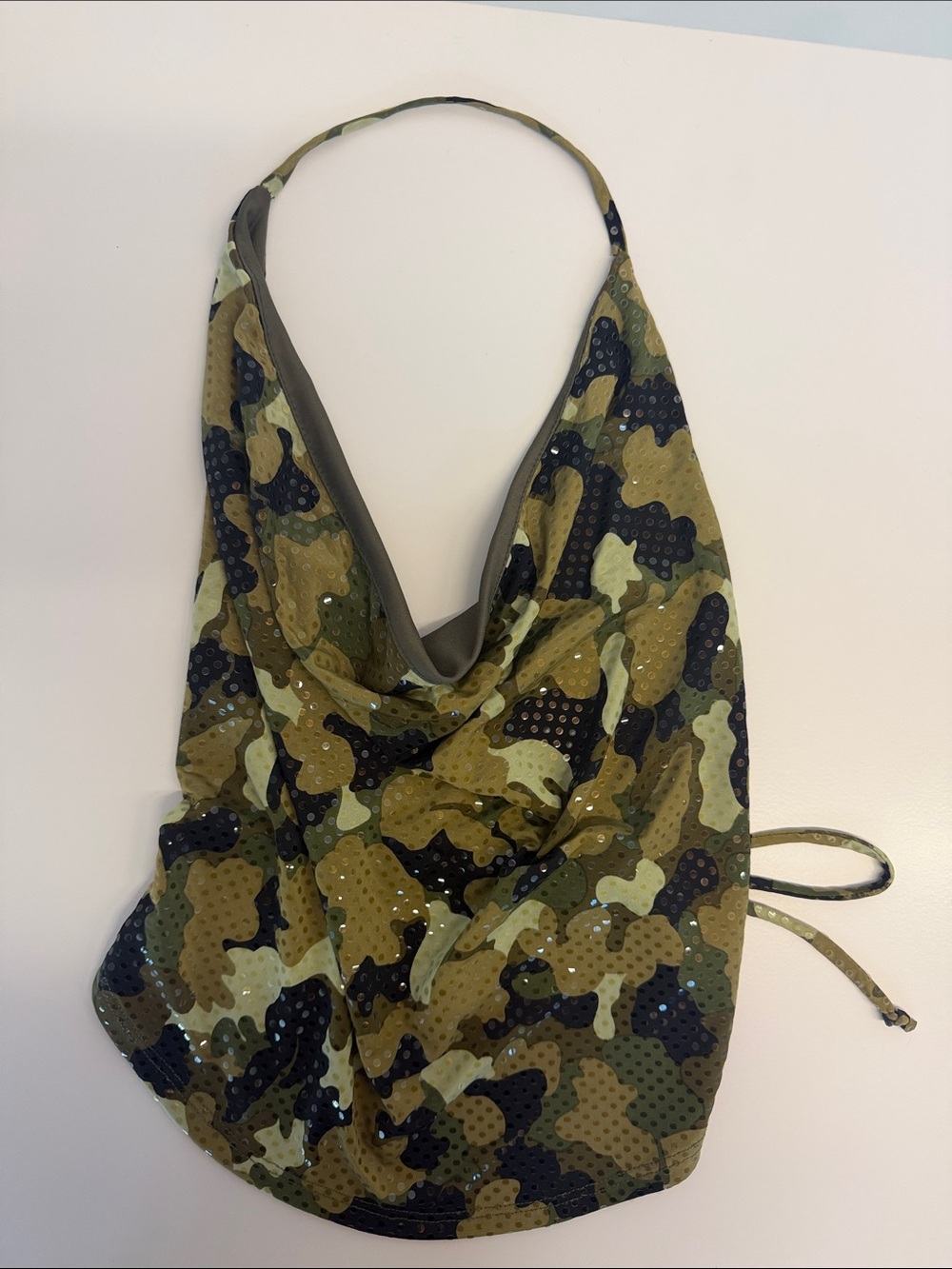 Y2K Camo Halter Tank Top with Draped Front